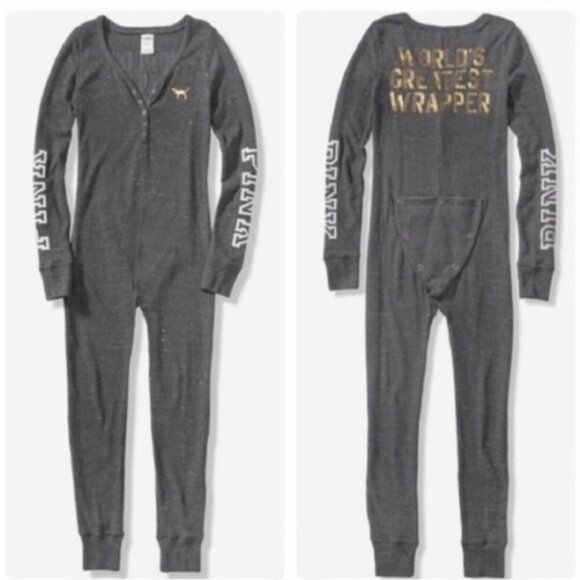 Victoria's Secret PINK | Silver Bling Long Johns Pajamas Bodysuit | Size Medium - Picture 2 of 10